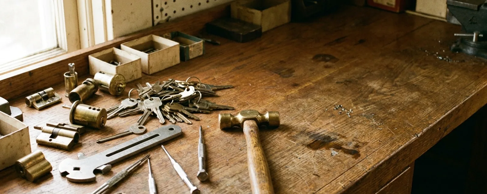 Plan de travail d’un atelier de serrurerie : cylindres démontés, clés brutes et outils de réglage posés sur un établi en bois.